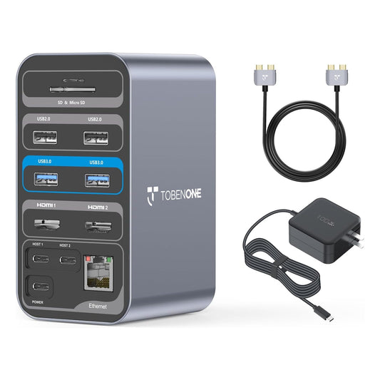 TOBENONE Docking Station Dual Monitor with 100W GaN III Charger, USB C Docking Station Dual 4K HDMI for MacBook Pro/Air, Type C Dock with 2 HDMI, 7 USB, SD&Micro SD, Gigabit Ethernet, 87W PD, Audio