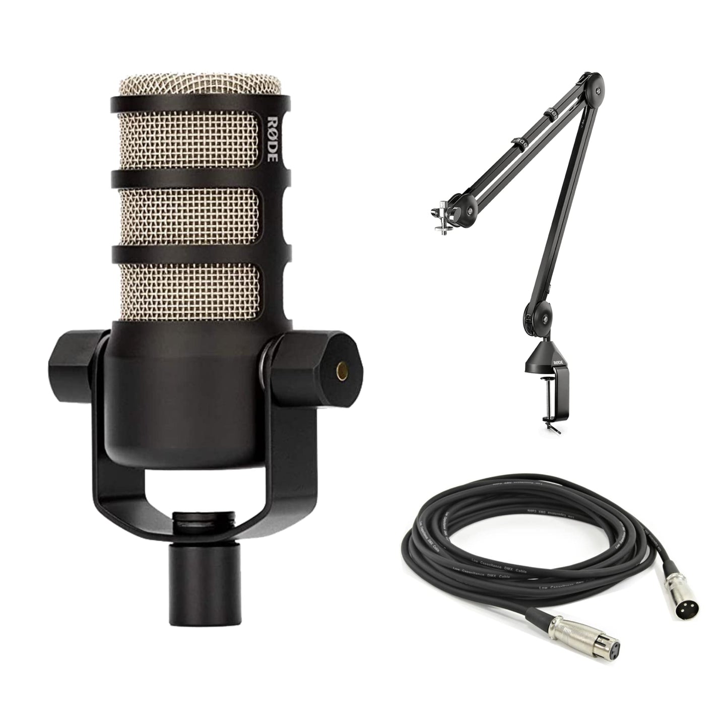 Rode PodMic USB and XLR Dynamic Broadcast Microphone with Rode Desk Stand 2 (DS2), XLR Cable, and StreamEye Polishing Cloth