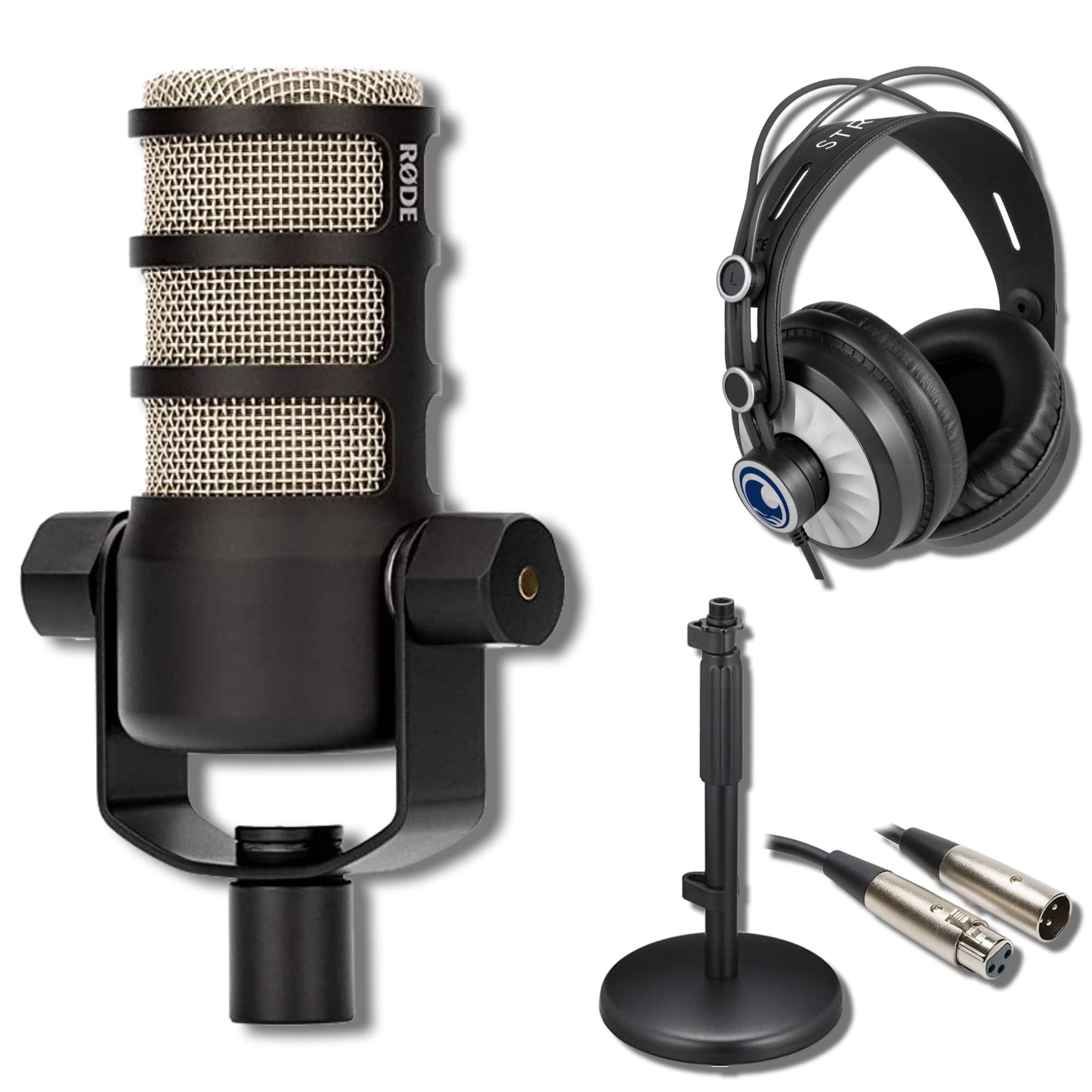 Rode PodMic USB and XLR Dynamic Broadcast Microphone with Rode Desk Stand 2 (DS2), XLR Cable, and StreamEye Polishing Cloth