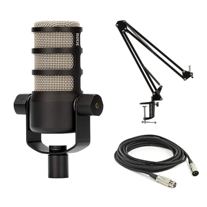 Rode PodMic USB and XLR Dynamic Broadcast Microphone with Rode Desk Stand 2 (DS2), XLR Cable, and StreamEye Polishing Cloth