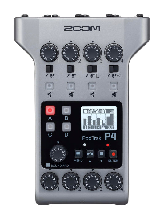 Zoom PodTrak P4 Podcast Recorder, Battery Powered, 4 Microphone Inputs, 4 Headphone Outputs, Phone and USB Input for Remote Interviews, Sound Pads, 2-In/2-Out Audio Interface