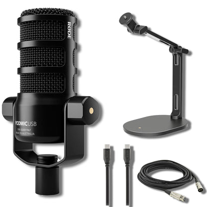 Rode PodMic USB and XLR Dynamic Broadcast Microphone with Rode Desk Stand 2 (DS2), XLR Cable, and StreamEye Polishing Cloth